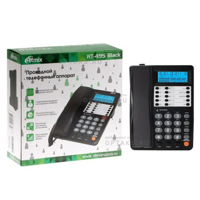 Стационарный телефон, RITMIX RT-495 black,АОН, FSK/DTMF/ETSI,59 вх.,16 исх.пам,10 кн.быстр.набор,подкл.мини АТС (1/20)